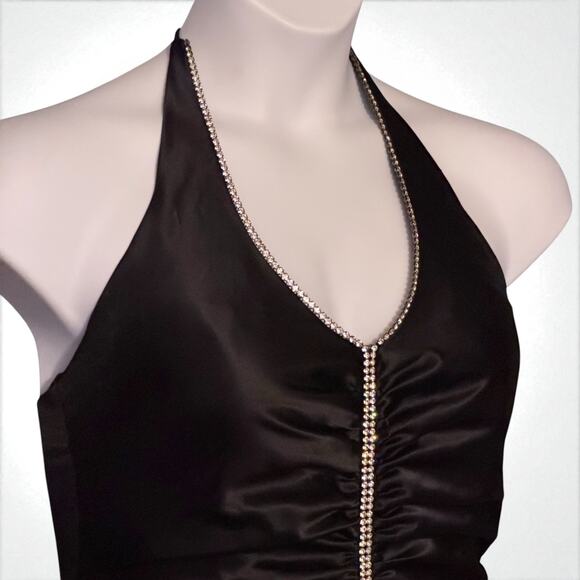 Vintage 80s Jump Apparel Black Halter Prom Gown 11/12 Rhinestone Trim Crinoline - Picture 5 of 16
